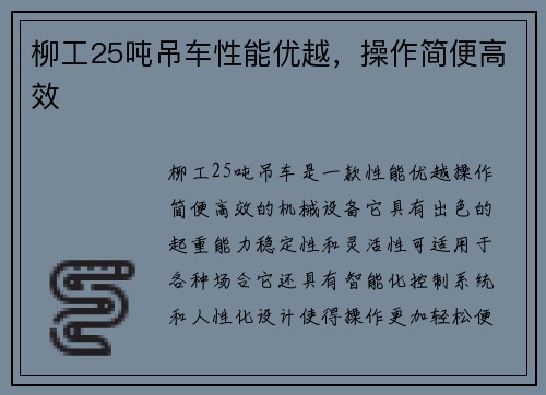 柳工25吨吊车性能优越，操作简便高效